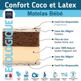 Matelas bébé 60X120 latex et coco, matelas écologique